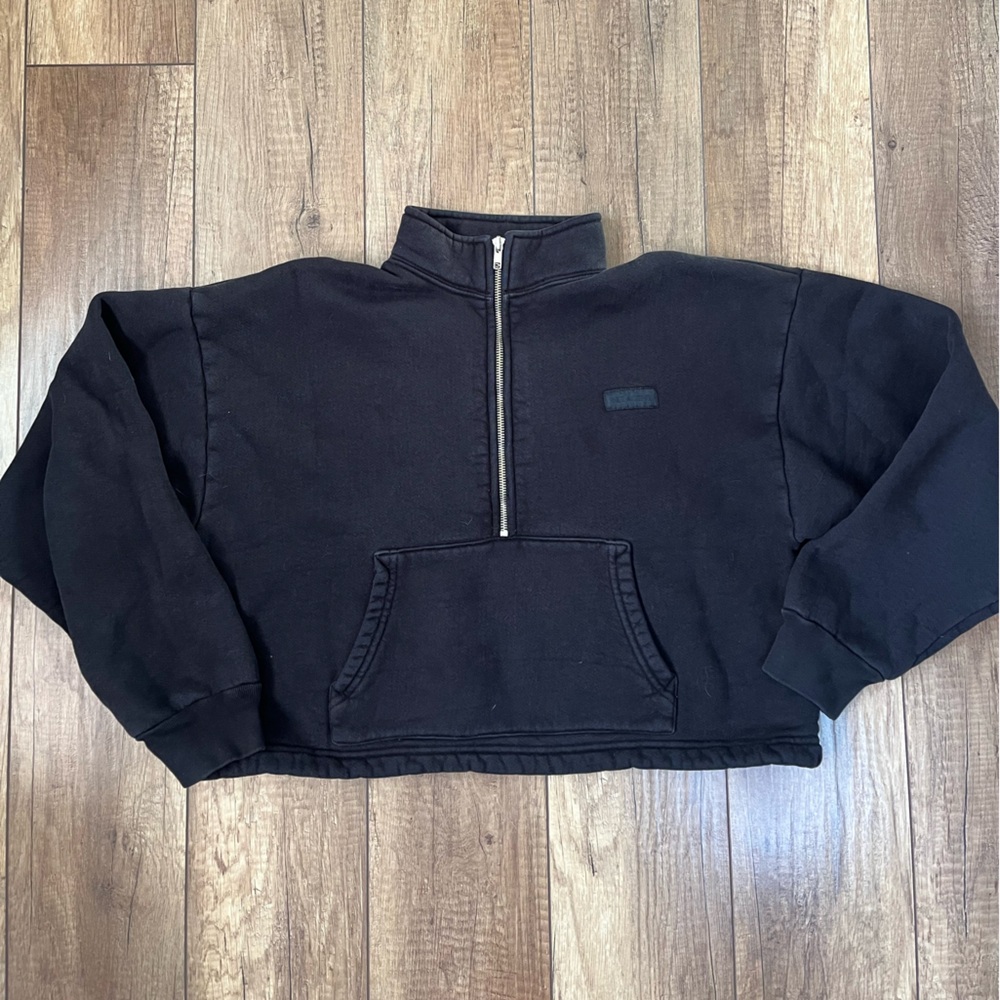 SET Active Black Cropped Quarter Zip Fleece Athleisure Sweatshirt